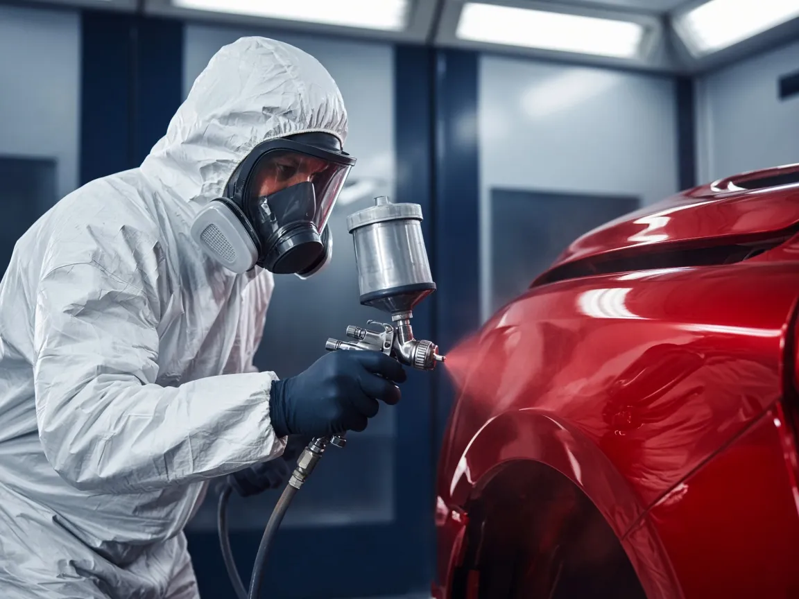Pintor automotriz aplicando pintura roja a la salpicadera de un auto en cabina de pintura